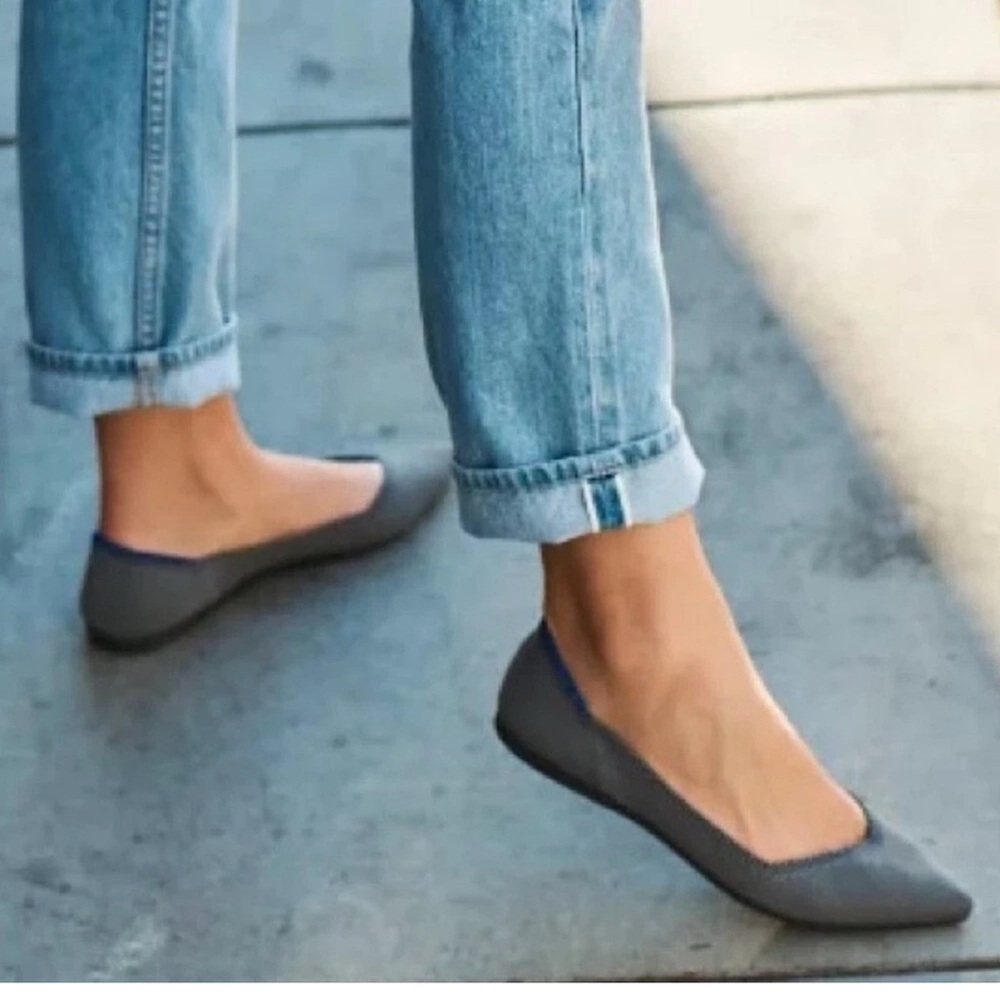Rothy's Gray Pointed Knit Flats with Blue Trim - Picture 2 of 10